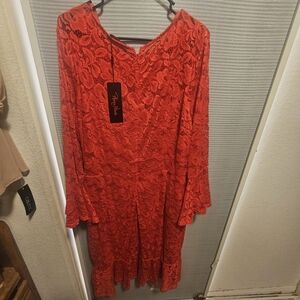 Red Lace Midi Dress with Long Sleeves